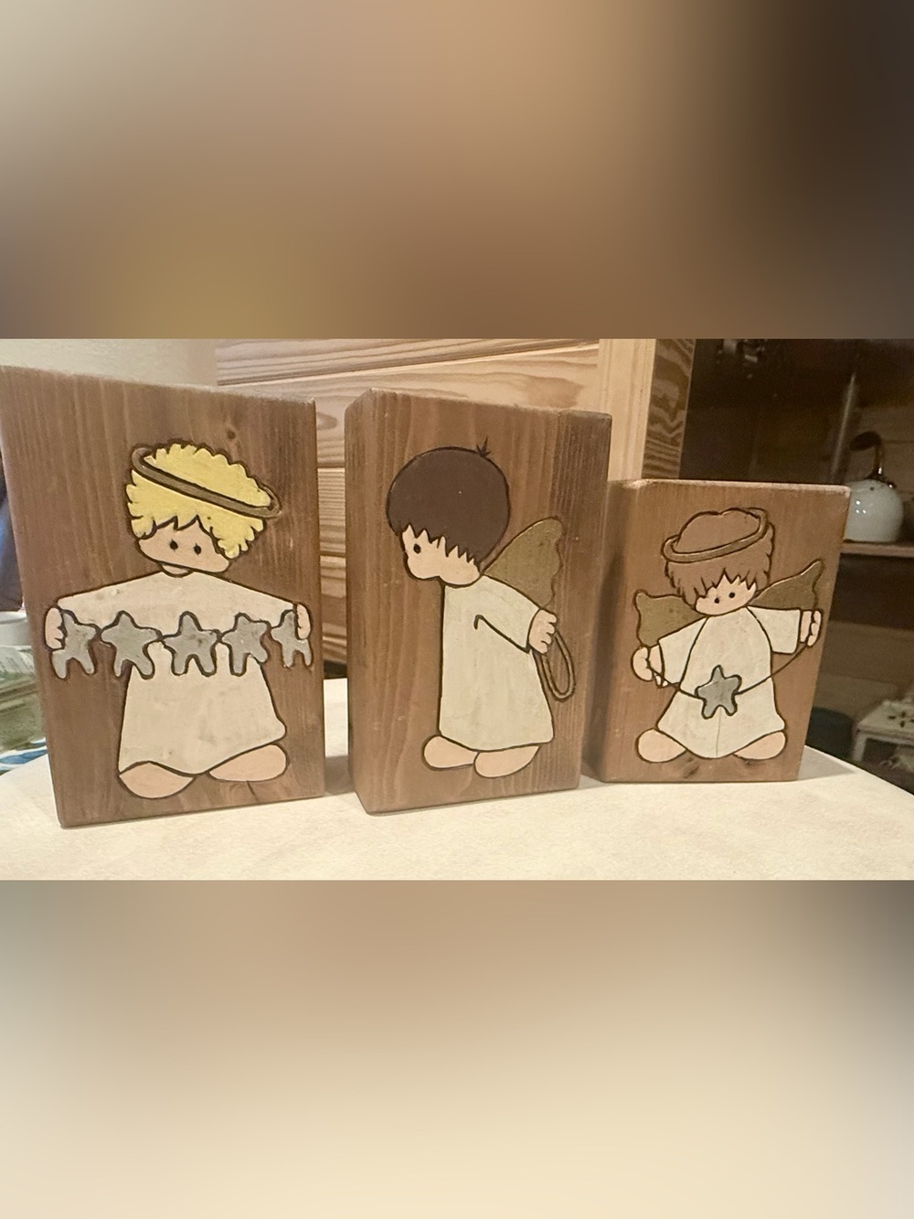 Hand-Painted Wooden Angel Trio in Cream and Brown -